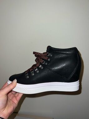 Black Leather Wedge Sneaker with White Platform and Speckled Laces